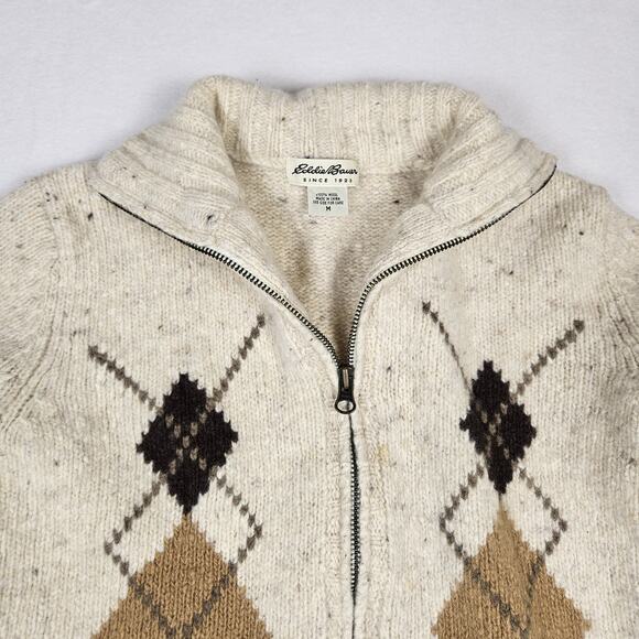 VTG Eddie Bauer Wool Sweater Women Full Zip Up Argyle Knit Beige Y2K Cabin Ski M - Picture 7 of 16